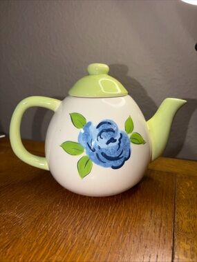 Laura Ashley Blue Floral Ceramic Teapot with Light Green Trim